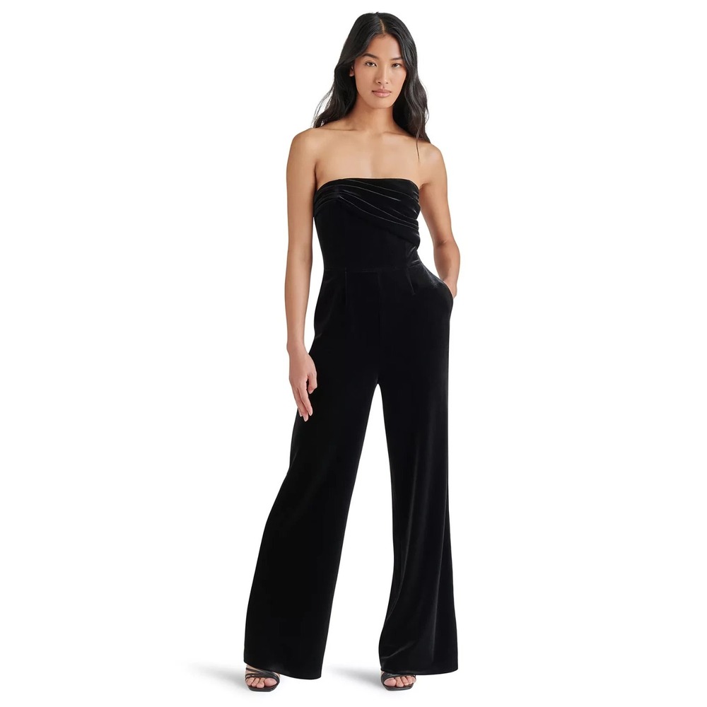 Steve Madden Swanilda Velvet Jumpsuit Womens L Black StrapStevless Wide Leg Glam